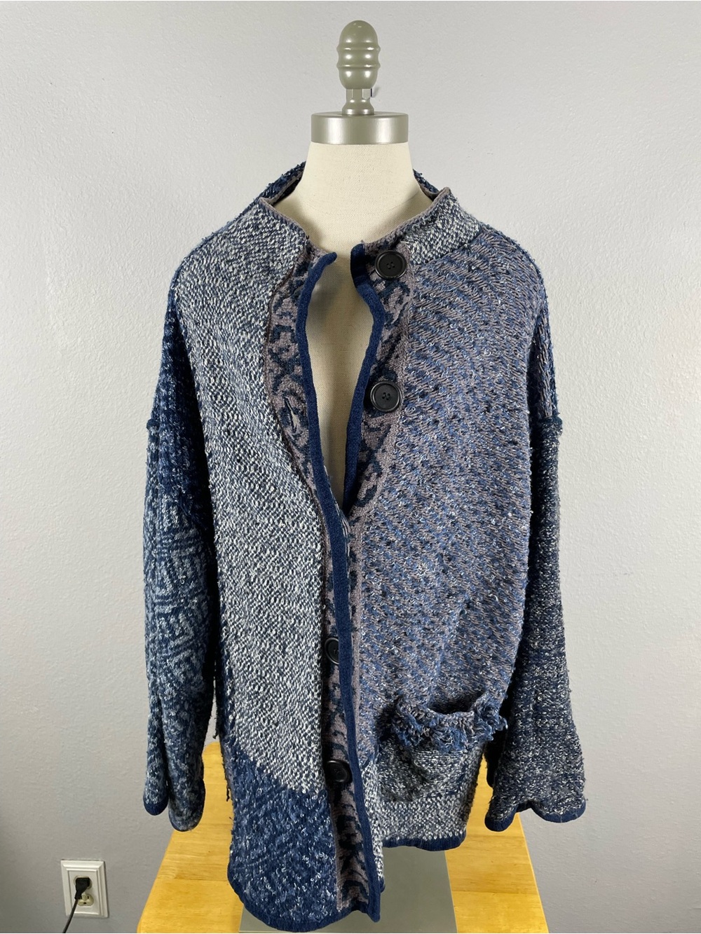 Coldwater Creek Blue Patchwork Cardigan Sweater 3X Ramie Cotton Wool Blend Boho